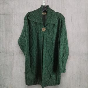 Carraig Donn Ireland 100% New Wool Chunky Aran Cardigan Green Knit Button Front